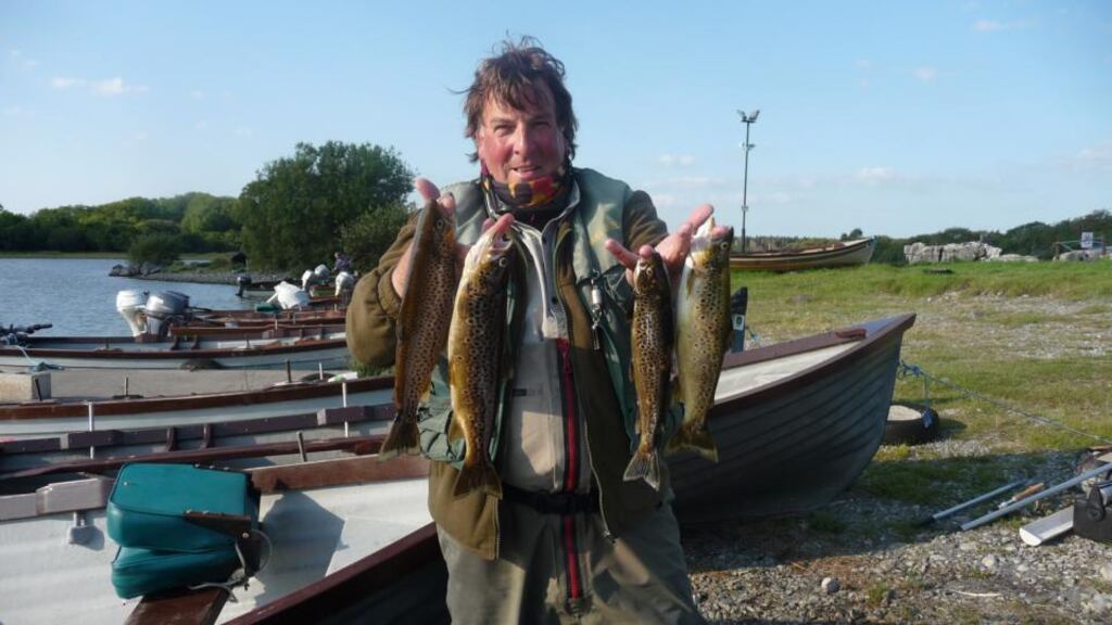Basil Shields, winner of the 14th Vintner’s Competition on Lough Mask with four of his five trout. Basil Shields, winner of the 14th Vintner’s Competition on Lough Mask with four of his five trout.