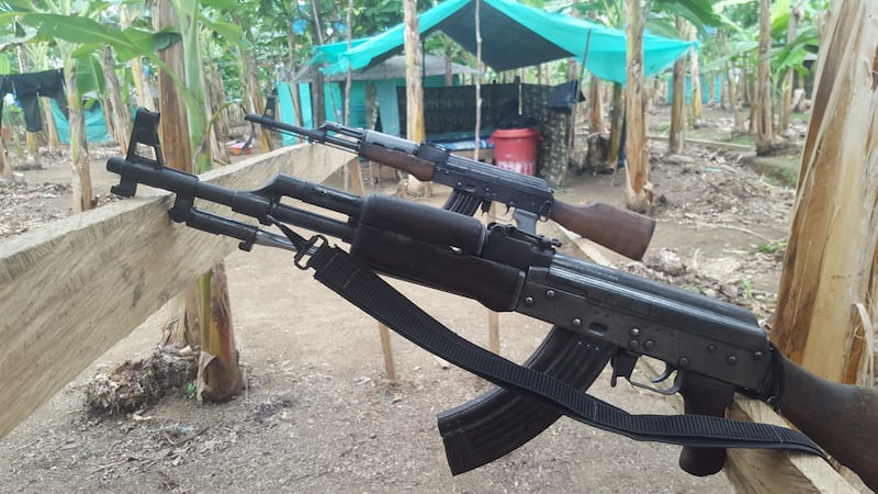 Automatic weapons before the decommissioning process begins in the transition zone for the 57th Front’s in Chocó, Colombia. Photograph: David McKechnie