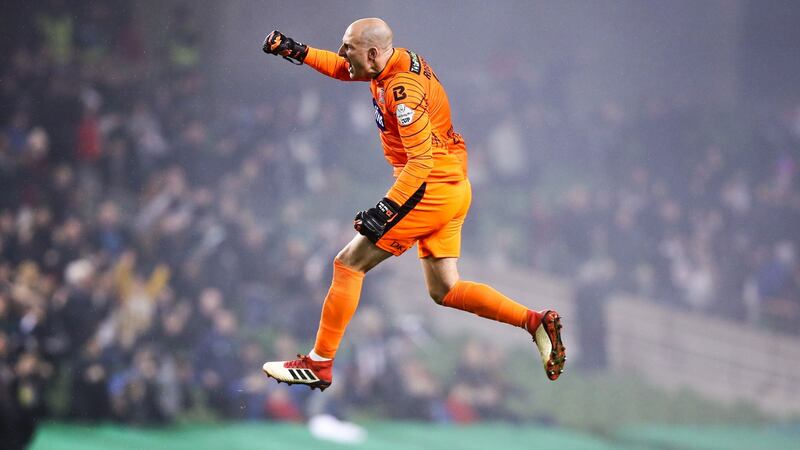 Gary Rodgers celebrates McEleney’s winner. Photo: Tommy Dickson/Inpho