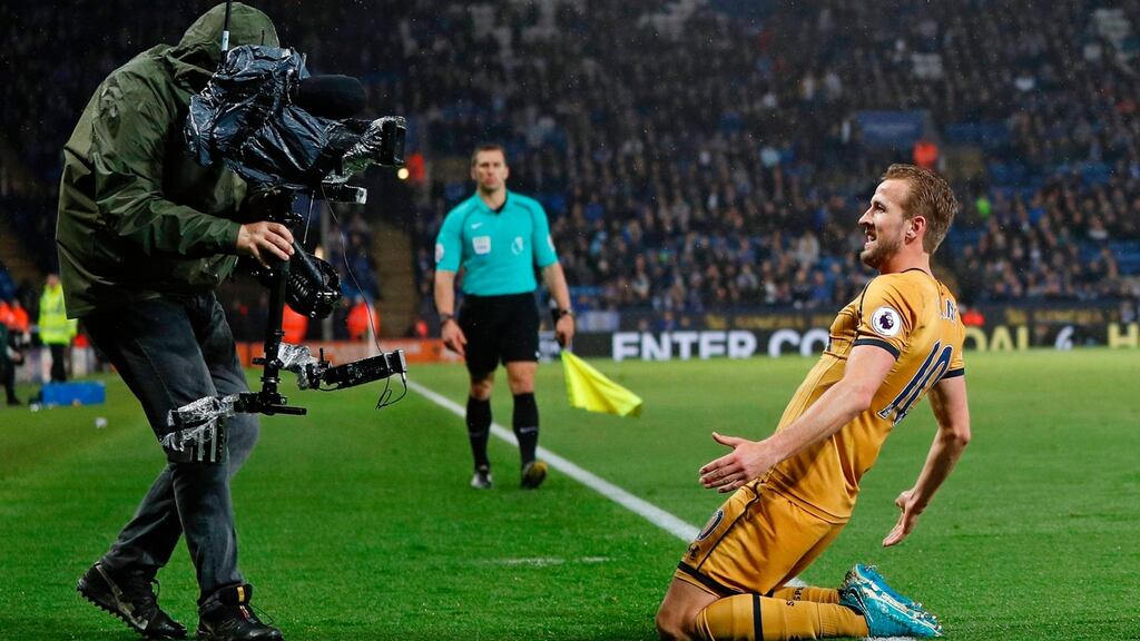 Harry Kane celebrates scoring his third goal, and Tottenham’s fifth, at King Power Stadium in Leicester. Photograph: Getty Images