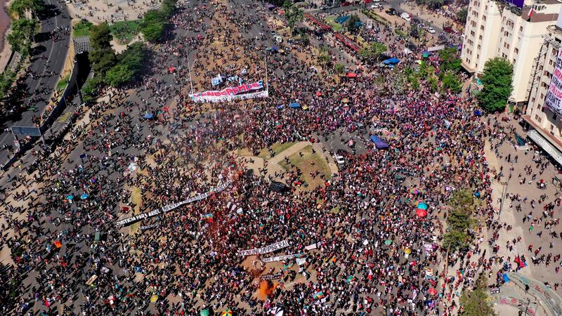 Aerial view of a demonstration in Santiago, on October 18th, 2020. Photograph: Martin Bernetti/AFP via Getty Images