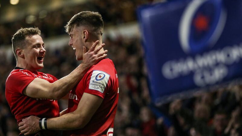 Ethan McIlroy celebrates with Mike Lowry after scoring a stunning try. Photograph: John Dickson/Inpho