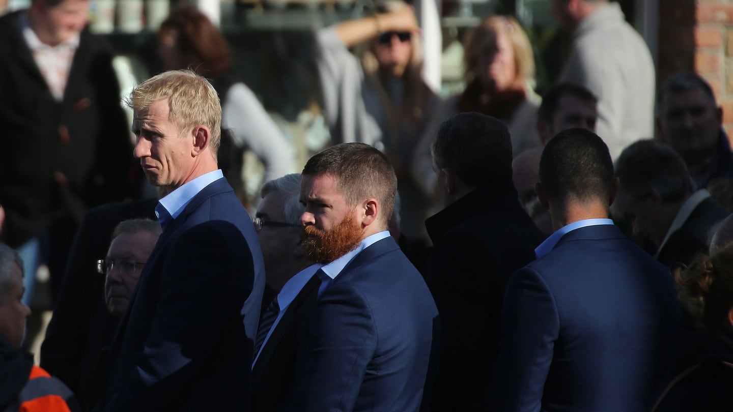 Leinster Head Coach Leo Cullen (left) as the coffin of Munster Rugby head coach Anthony Foley is brought to repose in St Flannan’s Church, Killaloe in Co Clare, on Thursday. Photograph: PA