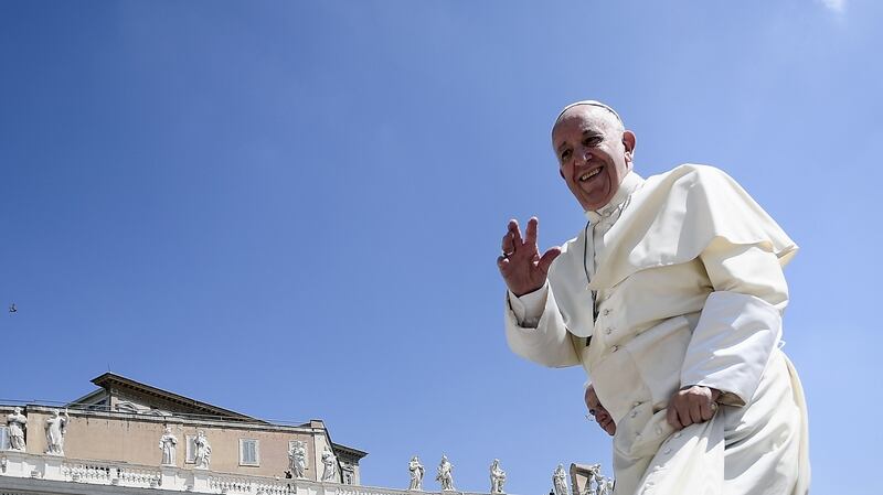Pope Francis waves before his Angelus prayer after a Mass for Italian youths at St Peter’s Square in the Vatican. Photograph: Filippo Monteforte/AFP