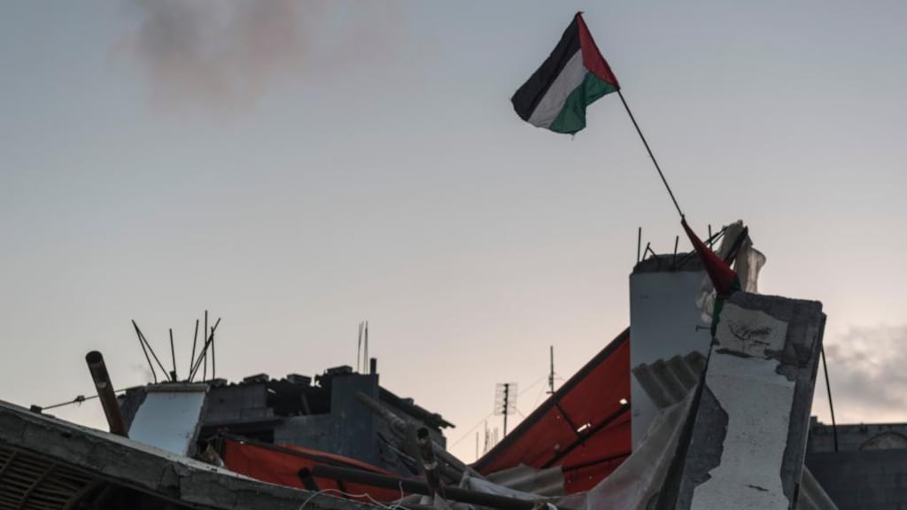 A Palestinian flag flies over the destroyed home of Ismail Haniya, deputy chief of the Hamas movement, in Gaza City, on July 29th. A new coalition of Arab states has in effect lined up with Israel in its fight against Hamas, the Islamist movement that controls the Gaza Strip.Photograph: Sergey Ponomarev/The New York Times