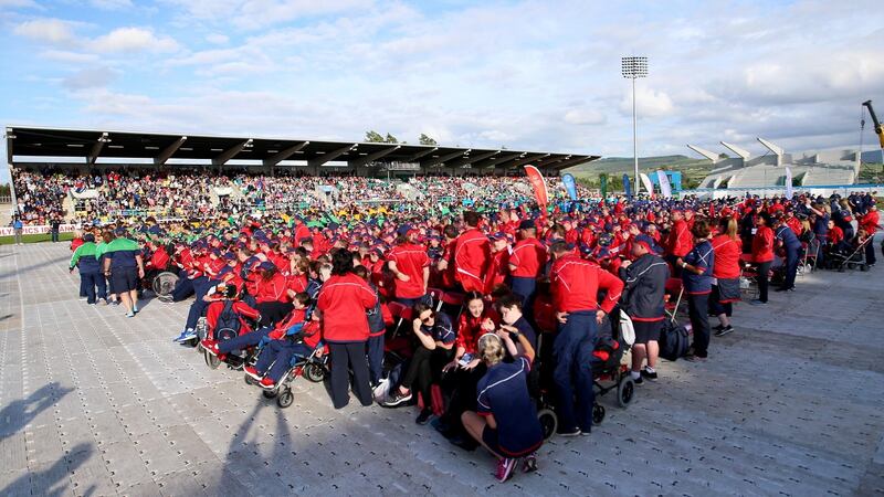 Participants in the Special Olympics Ireland Games gather at the opening ceremony in Tallaght Stadium, Dublin on Thursday evening. Photograph: Niall Dickson/INPHO.