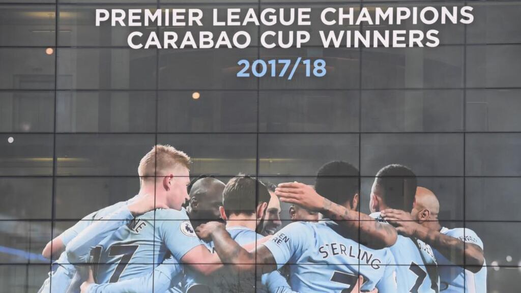 Pep Guardiola’s side were crowned Premier League champions after Manchester United slumped to a 1-0 defeat against struggling West Bromwich. Photograph: Getty Images