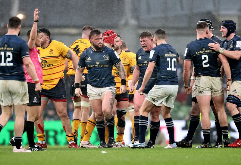 Leinster's Andrew Porter and Tadhg Furlong celebrate winning a scrum penalty against Ulster. Photograph: Billy Stickland/Inpho