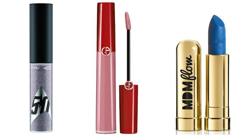 MAC Star Trek Lipglass (€21); Giorgio Armani Lip Maestro Drama (€32); MDMflow Semi-Matte Lipstick (£18)