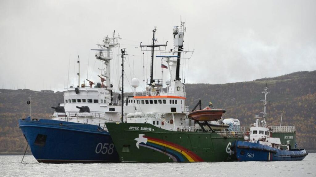 The Greenpeace ship Arctic Sunrise is seen anchored outside the Arctic port city of Murmansk, on the day when members of a Russian Investigation Committee conducted an inspection of it. Photograph: Dmitri Sharomov/Greenpeace/Reuters