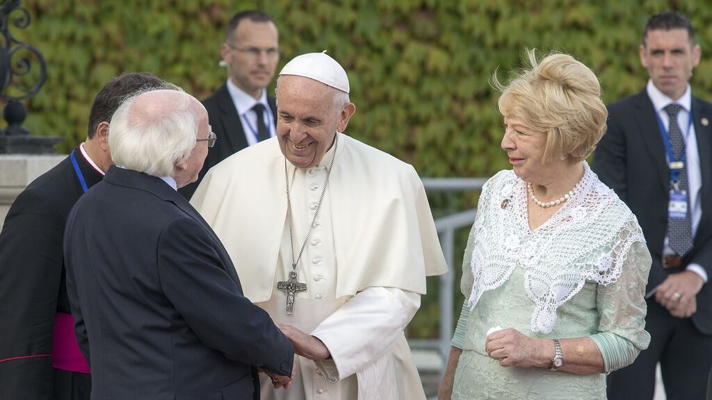 His Holiness Pope Francis with President Michel D. Higgins and his wife Sabena at Áras An Uachtaráin. Photograph: Dave Meehan/The Irish Times