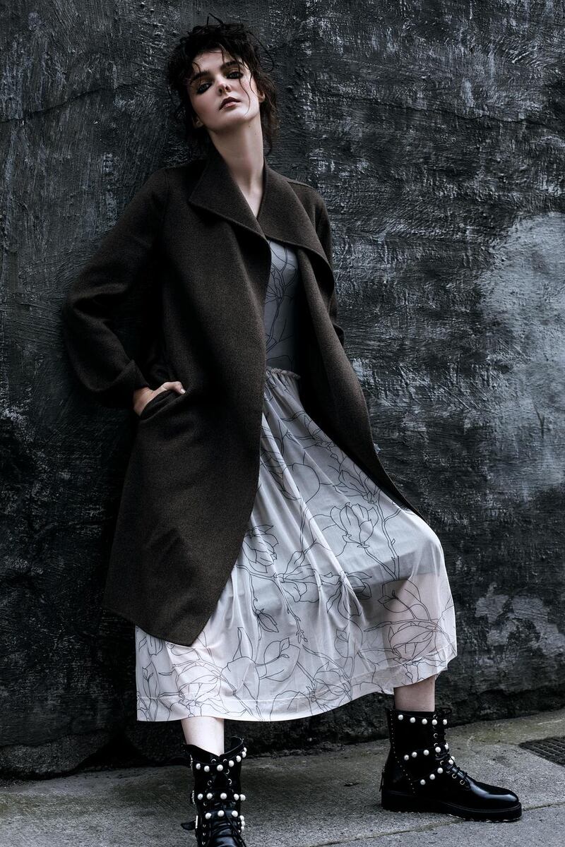 Coat €945, Joseph, Brown Thomas. Dress €99 Selected Femme, Arnotts. Boots €79.99 Zara.