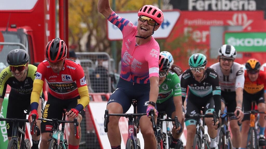 Danish rider Magnus Cort (C) of EF Pro Cycling team celebrates his victory at the end of the 16th stage of the Vuelta a Espana 2020 from Salamanca to Ciudad Rodrigo. Photo: Kiko Huesca/EPA