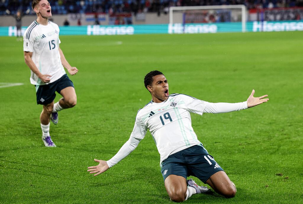 Northern Ireland’s Shea Charles celebrates scoring his side's second goal. Photograph: William Cherry/Inpho