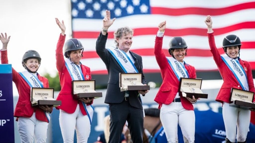Team USA’s Margie Goldstein-Engle, Laura Kraut, Chef d’Equipe Robert Ridland, Beezie Madden and Jessica Springsteen claimed the Longines FEI Jumping Nations Cup at the opening round of the 2020 series at Deeridge Farm in Wellington. Photograph: Shannon Brinkman/FEI