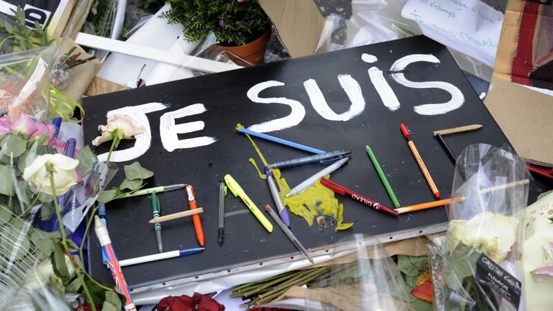 Charlie Hebdo:  a makeshift memorial for the victims of the terror attack in Paris. Photograph: Capucine Granier-Deferre/New York Times