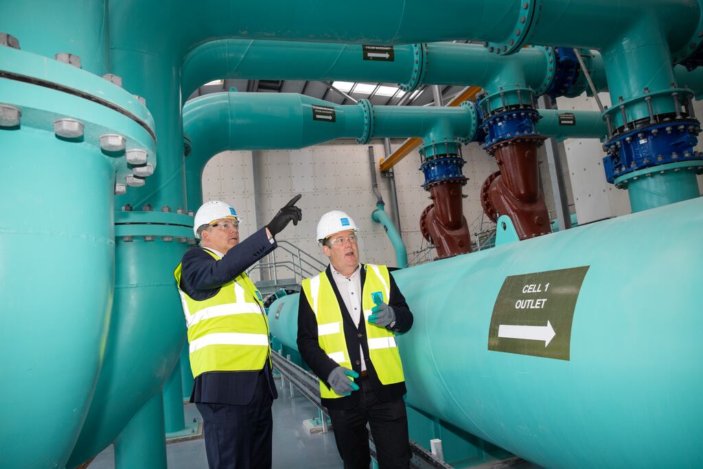 Niall Gleeson, chief executive of Irish Water, and Minister for Housing Darragh O'Brien: The new reservoir in Stillorgan, which can store more than 160 million litres of treated drinking water, replaces three reservoirs open to the elements which posed a risk of contamination by birds, animals or humans. Photograph: Naoise Culhane