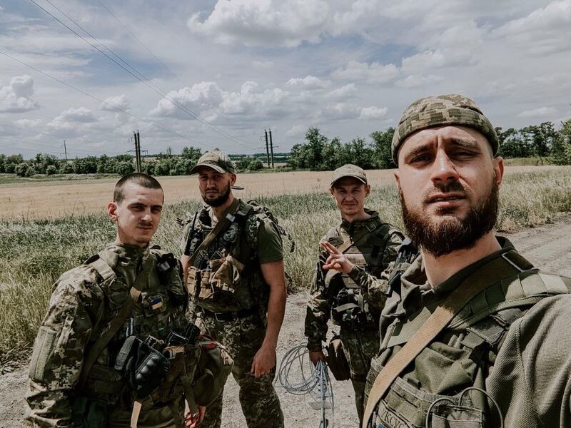Ukrainian soldier Stanislav Dekhtiar with other members of the Aidar battalion. He lost his right leg in Russian shelling near Bakhmut last August. Photograph courtesy of Stanislav Dekhtiar