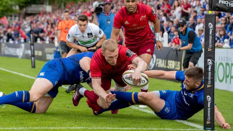 Munster’s Keith Earls scores a try in the Guinness Pro 14 semi-final against Leinster  at the RDS. Photograph: Morgan Treacy/Inpho