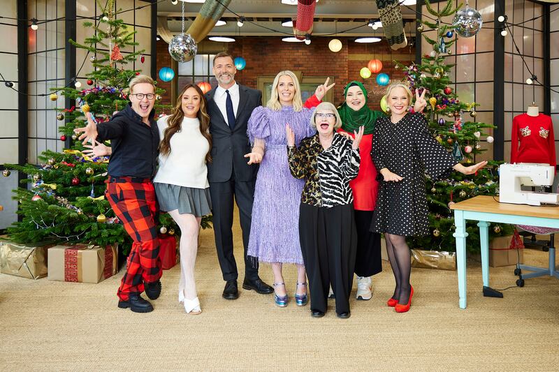 The Great British Sewing Bee: Ian H Watkins, Charlotte Crosby, Patrick Grant, Sara Pascoe, Esme Young, Fatiha El-Ghorri, Kellie Bright. Photograph: Neil Sherwood/Love Productions/BBC