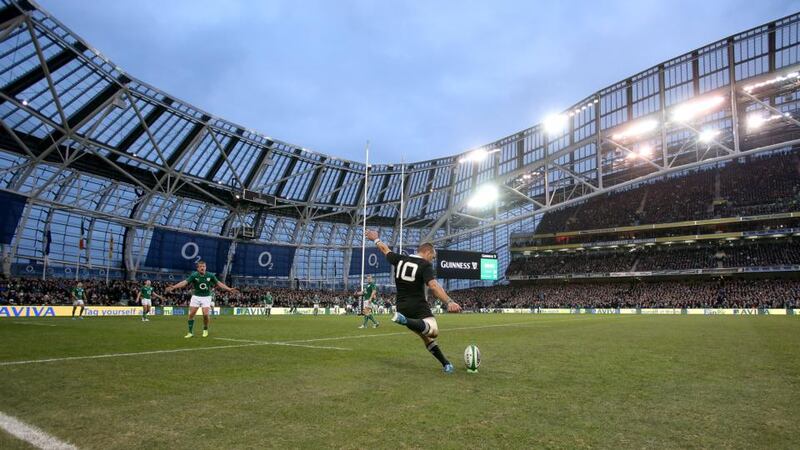 New Zealand’s Aaron Cruden of New Zealand misses his first kick to win the game. He succeeded with the second attempt. Photograph: Dan Sheridan/Inpho