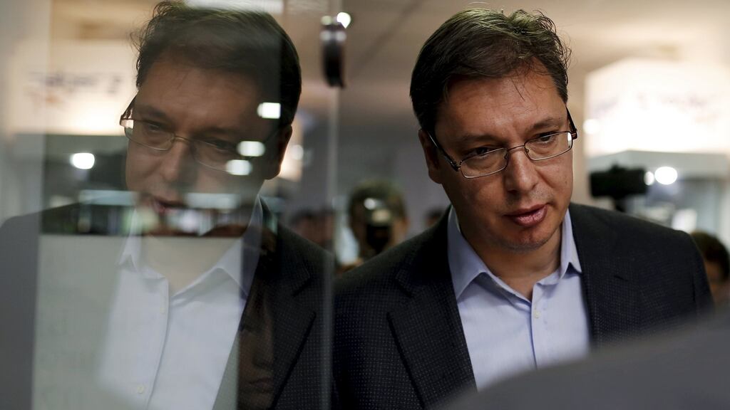 Prime minister Aleksandar Vucic arrives to cast his ballot at a polling station during elections in Belgrade, Serbia: he called the election two years early in what he described as a bid to secure a strong mandate to push through reforms needed to revitalise Serbia’s moribund economy. Photograph: Marko Djurica/Reuters
