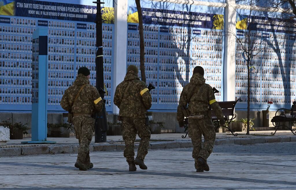 Pavel Antov previously criticised the shelling of residentail areas in Kyiv as terrorism. Photograph shows Ukrainian servicemen walk along the Memorial Wall of Fallen Defenders of Ukraine during the Russian-Ukrainian War in Kyiv on December 28th, 2022. Photograph: Sergei SUPINSKY / AFP