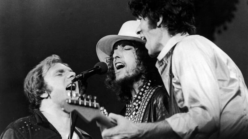 Weekend Review August 2015. Van Morrison, Bob Dylan and The Band's Robbie Robertson (from left to right) onstage in 1976. The performance was filmed for Martin Scorsese's The Last Waltz.Photograph: UNITED ARTISTS/GETTY IMAGES