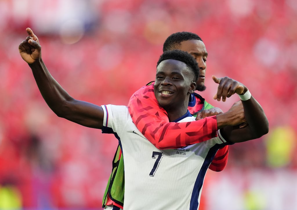 England's Bukayo Saka celebrates after scoring the penalty that gave his country victory over Switzerland at Euro 2024. Photograph: Adam Davy/PA Wire