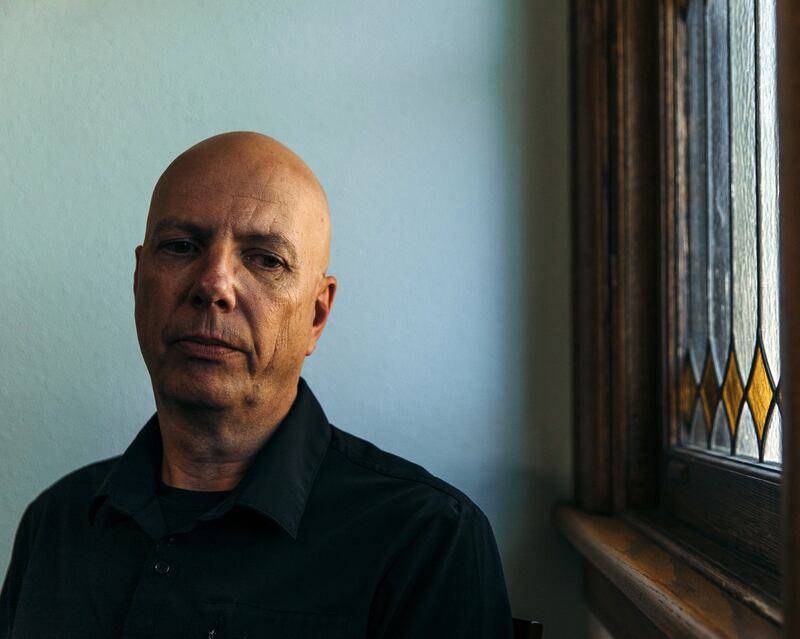 Matthew Haynes, a co-owner of Club Q in Colorado Springs, at All Souls Unitarian Universalist Church, the site of a candlelight vigil on Sunday for victims of the shooting at the club on Saturday night. Photograph: Andrew Miller/New York Times