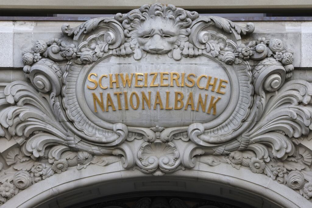 The logo of the Swiss National Bank in Bern, Switzerland, which on Thursday announced its first rate hike since 2007 in response to surging inflation. Photograph: Stefan Wermuth/Bloomberg