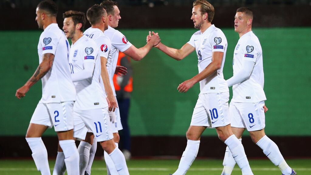 Harry Kane of England celebrates after his shot rebounded off goalkeeper Giedrius Arlauskis of Lithuania for an own goal. Photograph: Alex Livesey/Getty Images