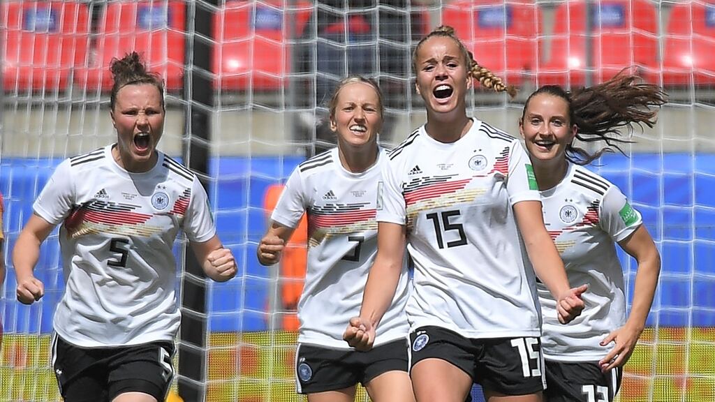 Germany’s  Giulia Gwinn (#15) celebrates after scoring  during the World Cup game against China   at the Roazhon Park stadium in Rennes. Photograph: Loic Venance/AFP/Getty Images
