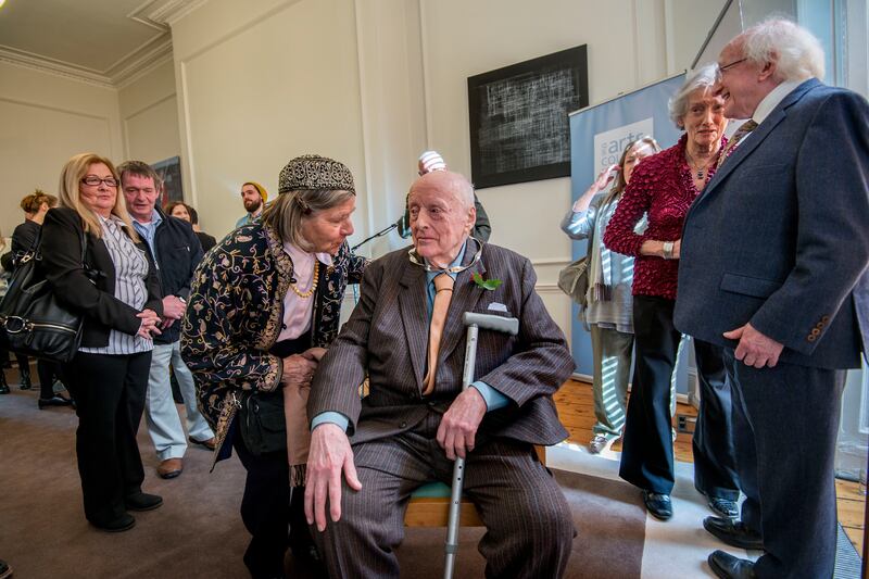 George Morrison with artist Imogen Stuart (left) at the Arts Council of Ireland where he was bestowed the honour of Saoi in Aosdána by President Michael D Higgins. Photograph: Brenda Fitzsimons