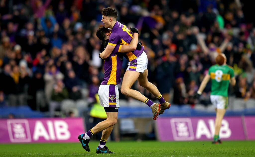 Kilmacud’s Rory O'Carroll celebrates at the final whistle with Conor Casey after their win in the All-Ireland SFC club final. Photograph: Ryan Byrne/Inpho