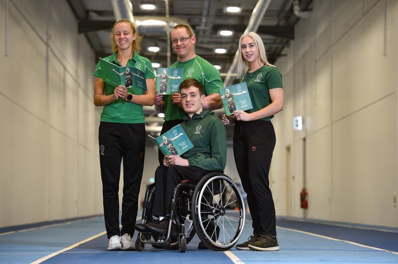 Paralympian athletes; swimmer Patrick Flanagan, middle-distance runner Greta Streimkyte, para-canoeist Pat O’Leary and sprinter Orla Comerford at the Sport Ireland Institute in Abbotstown, Co Dublin for the launch of the strategy. Photograph: Matt Browne/Sportsfile
