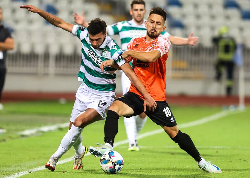 Rovers’ Danny Mandriou tackled by Almir Kryeziu of Ballkani. Photograph: Slobodan Sandic/Inpho