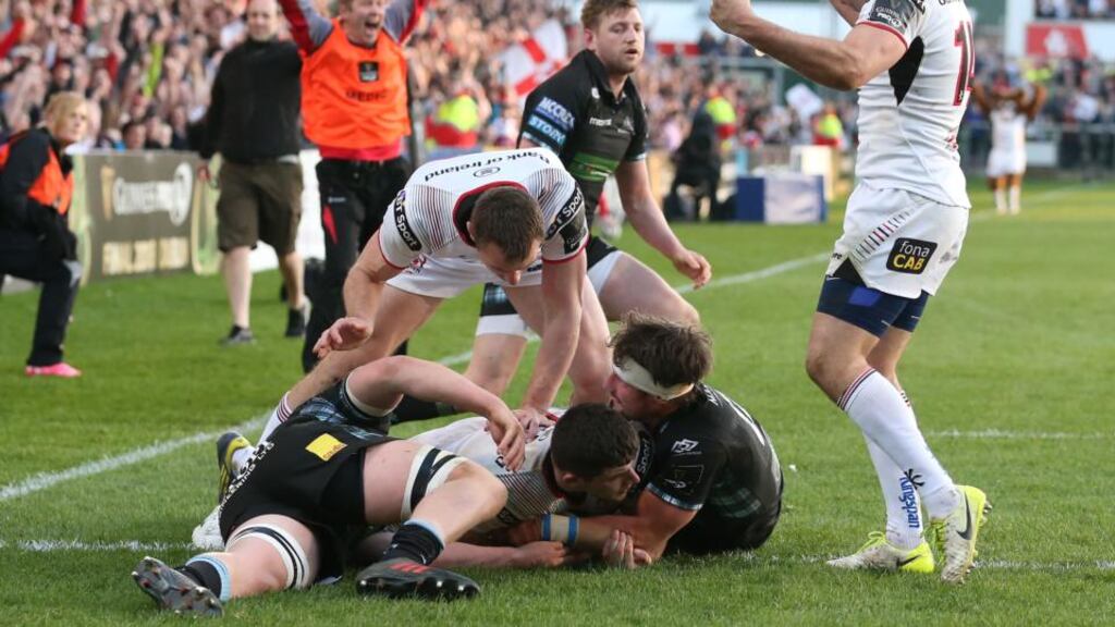 Ulster’s Nick Timoney scores his side’s bonus-point try in the Guinness Pro 14 game against the Glasgow Warriors at Kingspan Stadium in Belfast. Photograph: Brian Little/Inpho