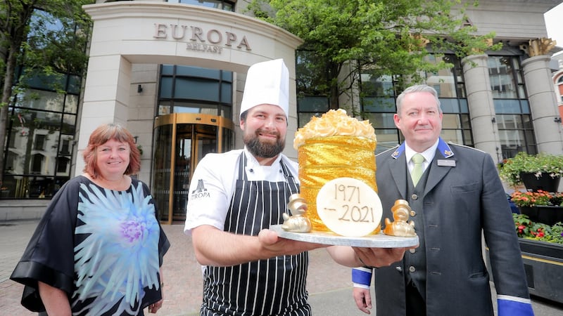 Julie Hastings, marketing director of Hastings Hotels, Europa head chef Kyle Greer and head concierge Martin Mulholland. Photograph: PressEye