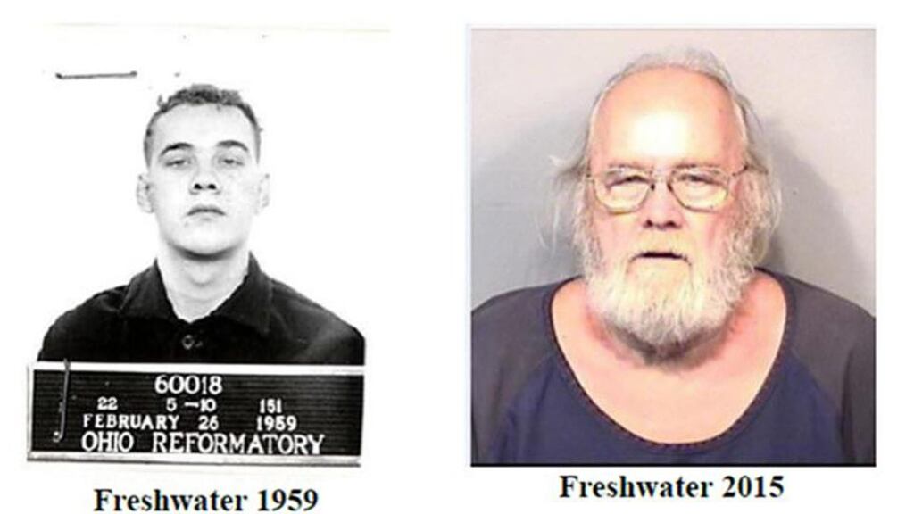 A combo handout picture released by the Brevard County Sheriff shows fugitive Frank Freshwater who escaped from an Ohio prison in 1959 and was arrested in Melbourne, Florida, 5th May 2015. Photograph: Brevard County Sheriff