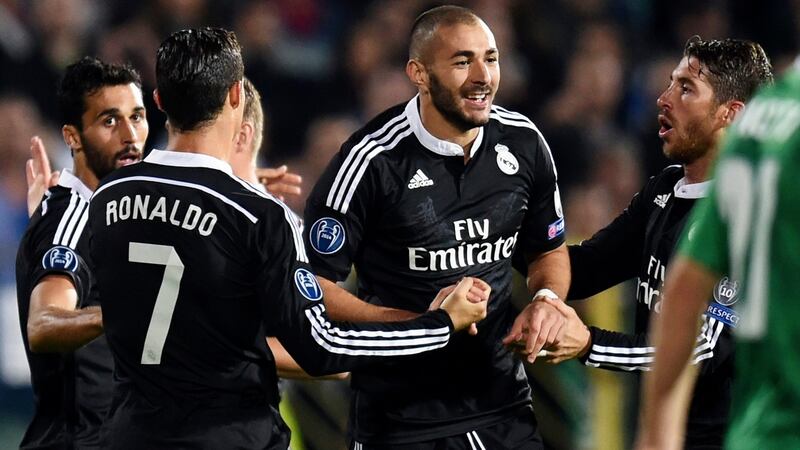 Benzema celebrates a Champions League goal against  PFC Ludogorets Razgrad. He has scored 70 goals in the competition. Only four players have scored more, two of them being Messi and former teammate Ronaldo. Photograph: Georgi Licovski/EPA