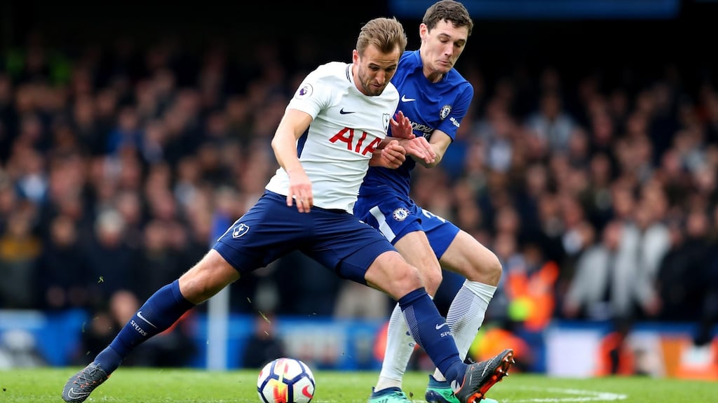 Spurs striker Harry Kane of Tottenham Hotspur holds off Andreas Christensen of Chelsea during the Premier League match between Chelsea and Tottenham Hotspur at Stamford Bridge on April 1st.