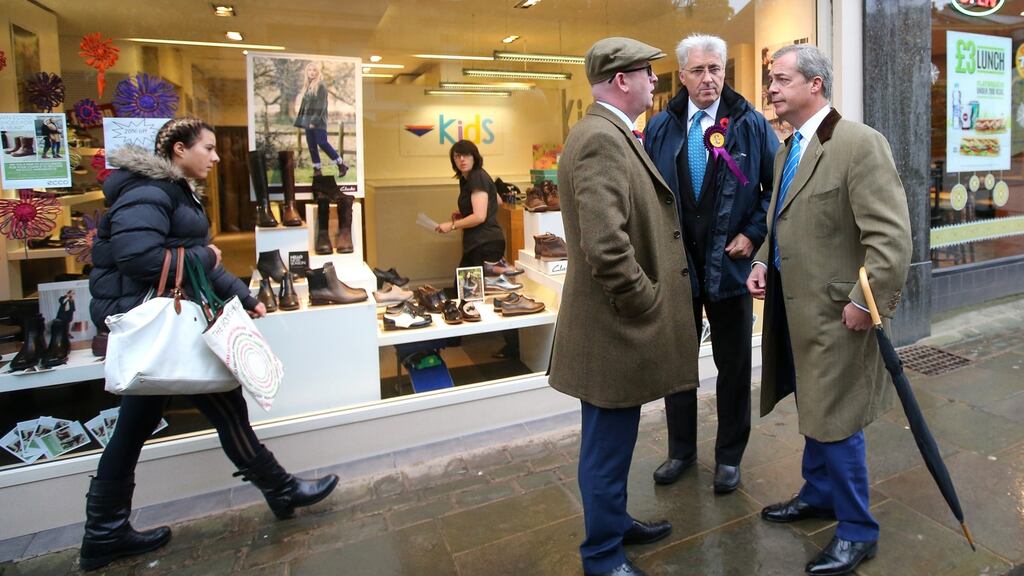 Ukip preparing for the Oldham byelection (from left): deputy leader Paul Nuttall, candidate John Bickley and party leader Nigel Farage. Photograph: Dave Thompson/Getty Images