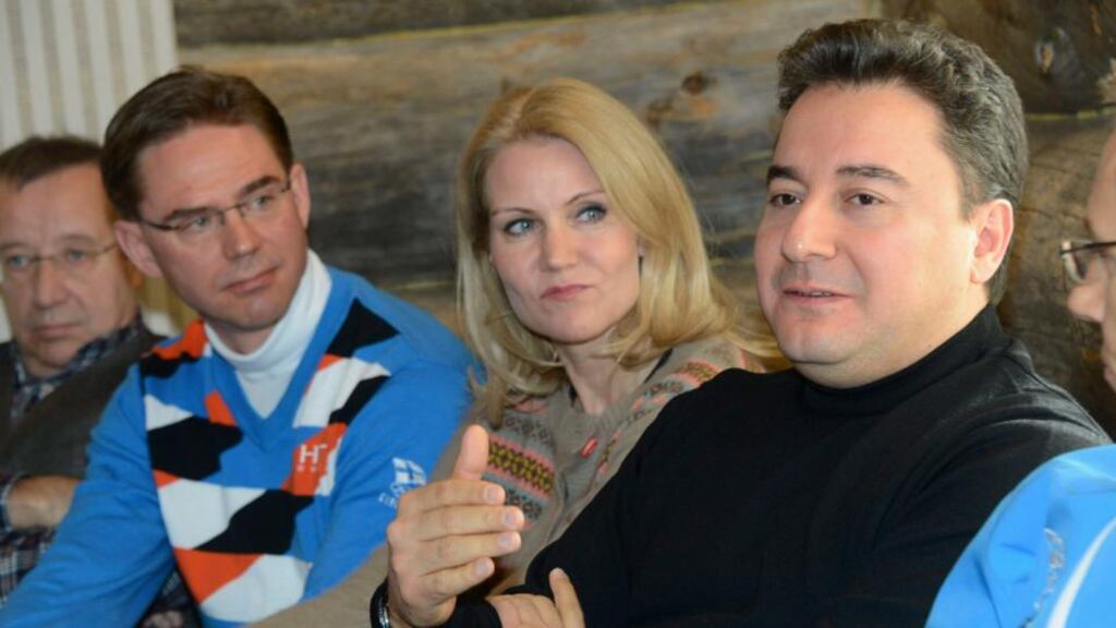 Finnish prime minister Jyrki Katainen (second from left) listens to Turkey’s deputy prime minister Ali Babacan making a point with Estonia’s president Toomas Hendrik Ilves and Danish prime minister Helle Thorning-Schmidt at a news conference in Saariselkä, Finland, yesterday. Photograph: Sari Gustafsson