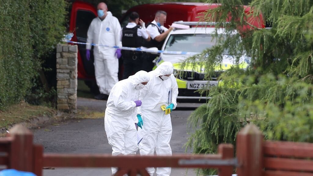 PSNI officers at a glamping site near near Limavady in Co Derry, where a woman was fatally stabbed on Monday. Photograph: Liam McBurney/PA Wire