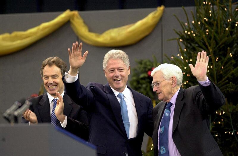 President Bill Clinton with Tony Blair and Séamus Mallon at the Odyssey Arena in Belfast in 2000. Photograph: Bryan O'Bryan