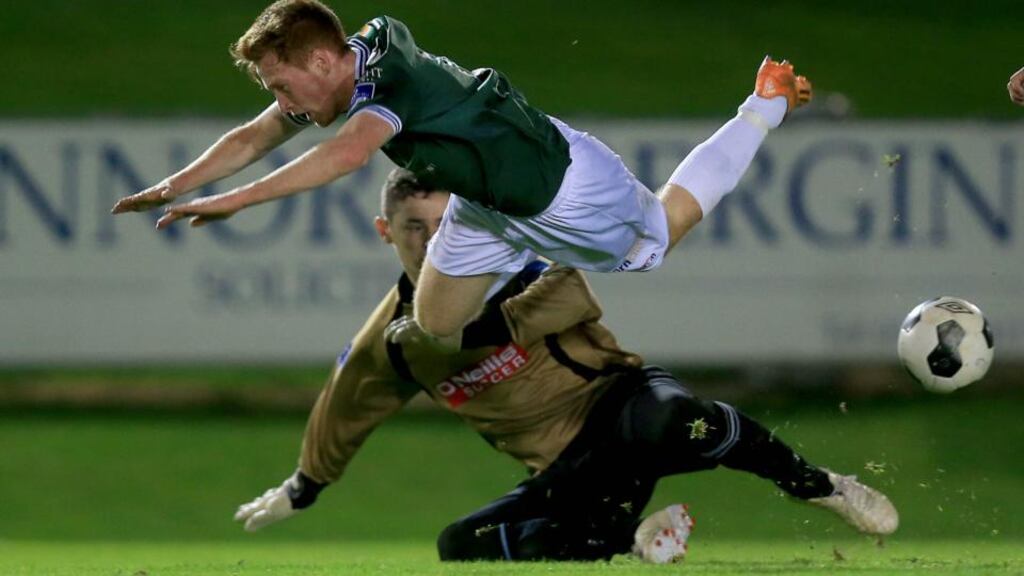 UCD goalkeeper Conor O’Donnell denies Gary Shanahan of Galway in the Promotion/Relegation Play-Off First Leg at the UCD Bowl. Photograph: Inpho