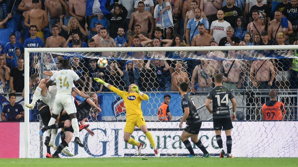 Dundalk goalkeeper Gary Rogers makes a save during the Europa League third qualifying round, first leg  against  Slovan Bratislava  at Tehelne Pole Stadium in Bratislava. Photograph: Ciaran Culligan/Inpho