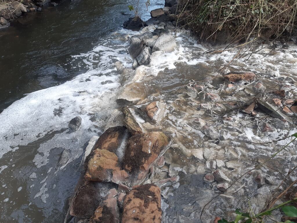 Sewage fungus on the Cavan town river bed below discharge pipe, downstream from treatment plant