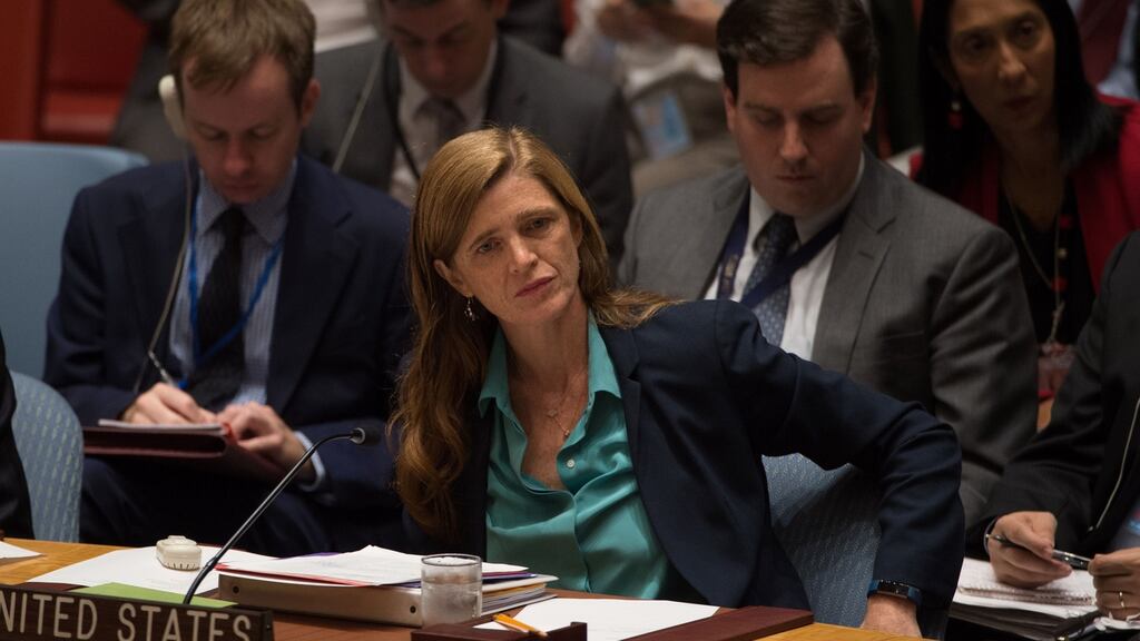 US ambassador  the UN Samantha Power:  Irish emigrant children, such as Power, have become significant figures in the governance of the societies to which their parents migrated. Photograph: Bryan R Smith/AFP/Getty Images